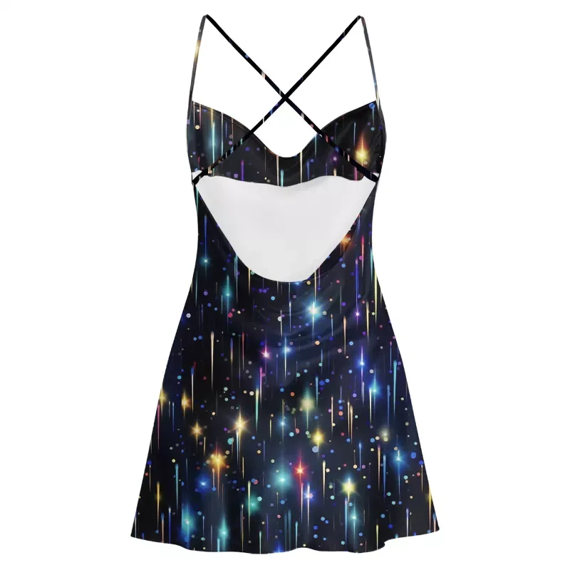 Soulisfree Neon Meteor Shower Galaxy Cowl Neck Satin Mini Dress