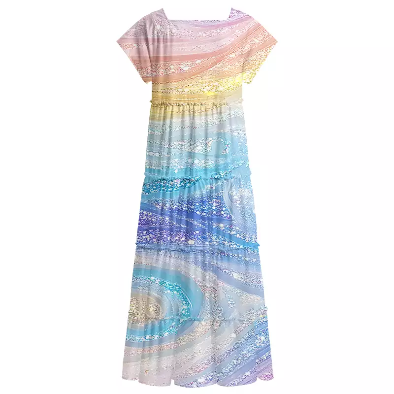 Soulisfree Glittery Rainbow Ombre Swirl Square Neck Maxi Dress