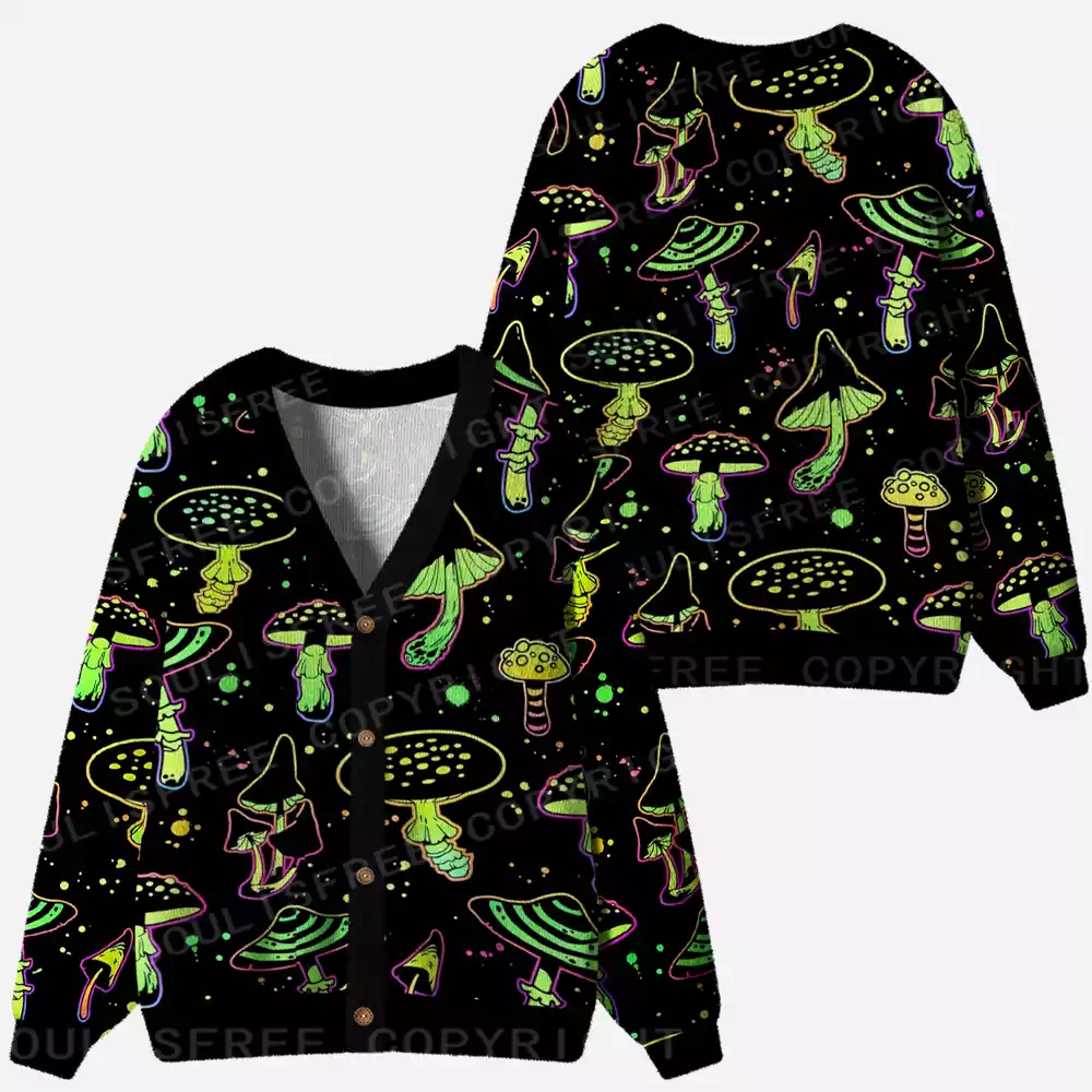 Neon Mushroom Magic Ugly Cardigan Sweaters