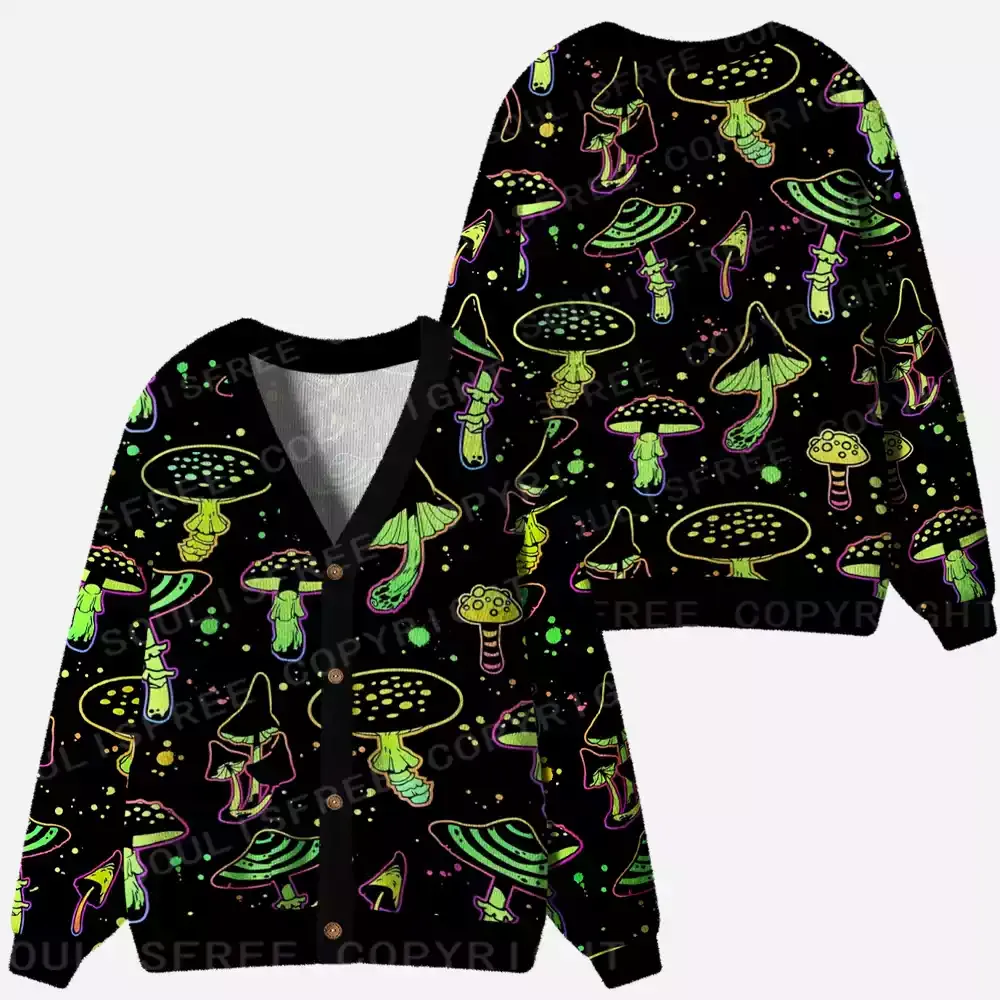 Neon Mushroom Magic Ugly Cardigan Sweaters
