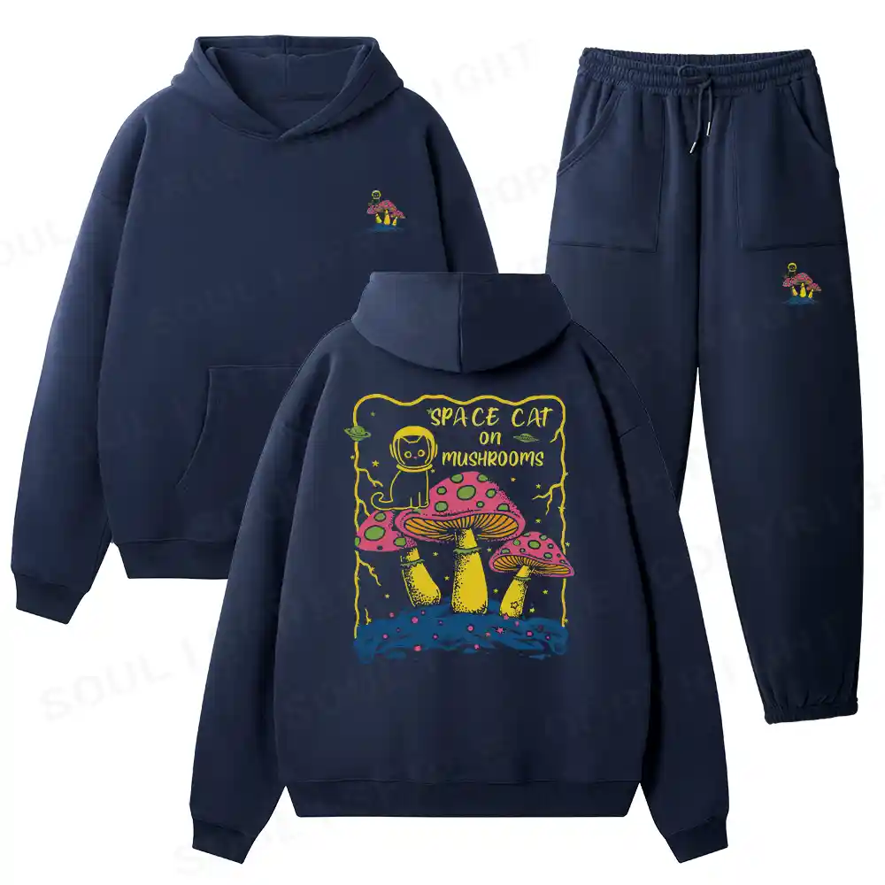 SPACE CAT ON MUSHROOMS Fleece Hoodie Set