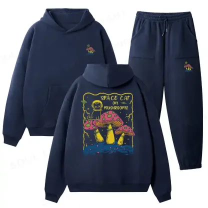 SPACE CAT ON MUSHROOMS Fleece Hoodie Set