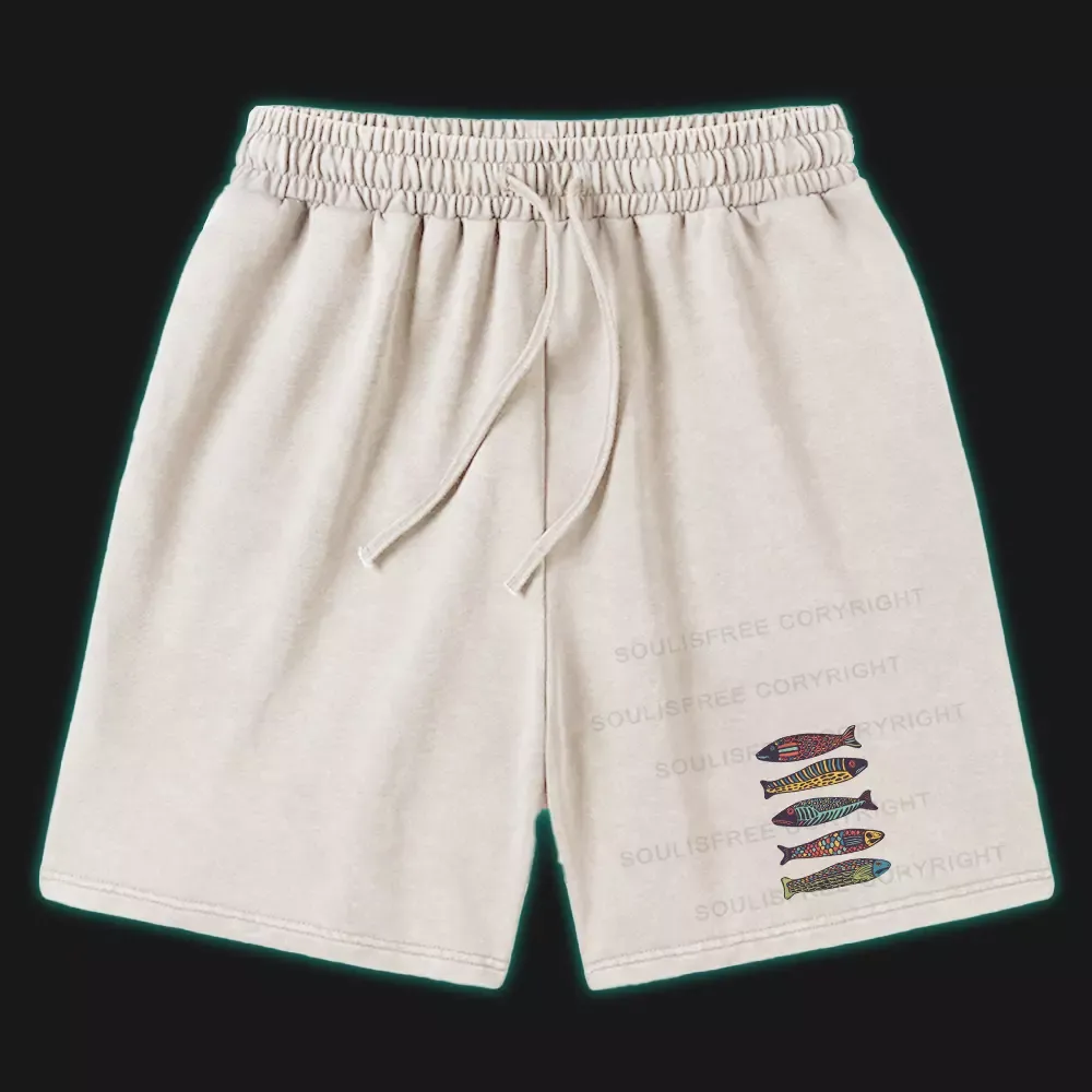 Designed Colourful Schools Of Fish Washed Shorts