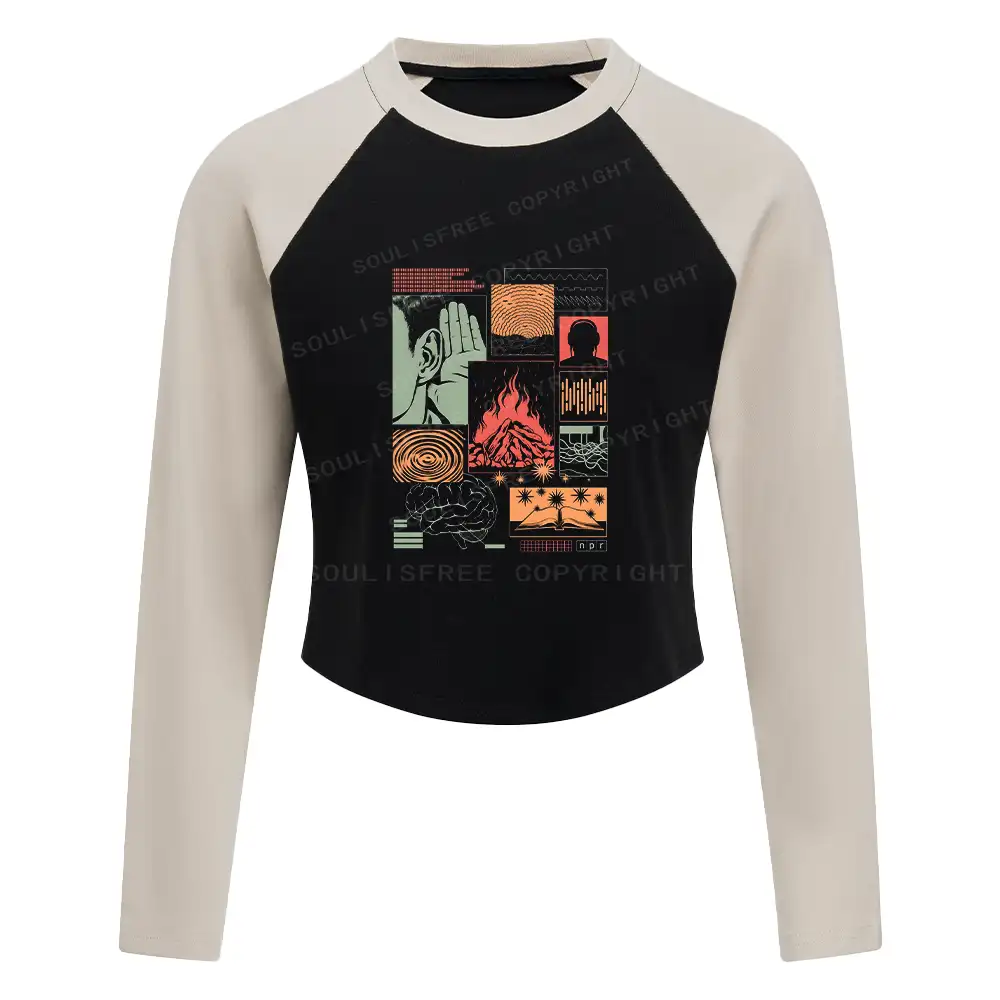 Listen Block Raglan Long Sleeve Crop Top