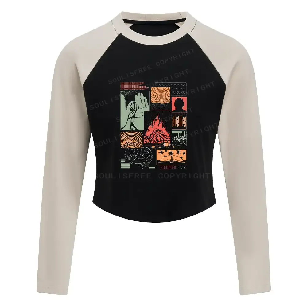 Designed Listen Block Raglan Long Sleeve Crop Top