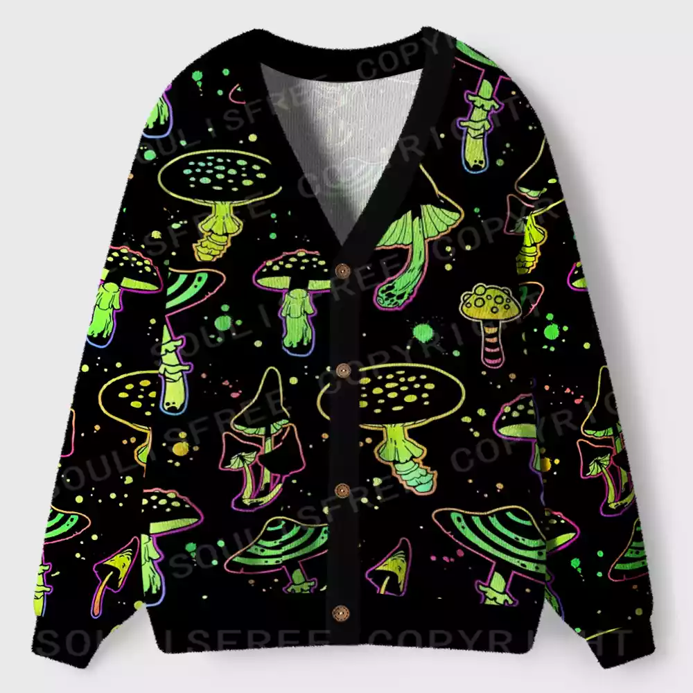 Neon Mushroom Magic Ugly Cardigan Sweaters