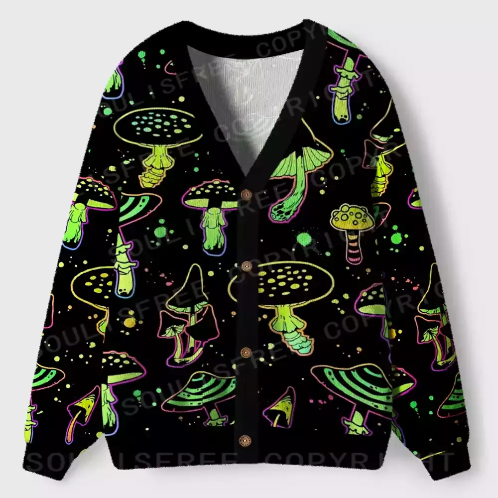 Stellar Neon Mushroom Magic Ugly Cardigan Sweaters