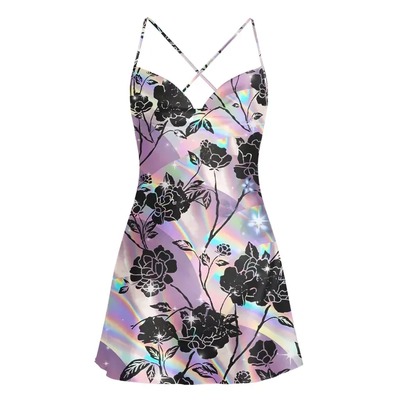 Soulisfree Holo Rose Cowl Neck Satin Mini Dress
