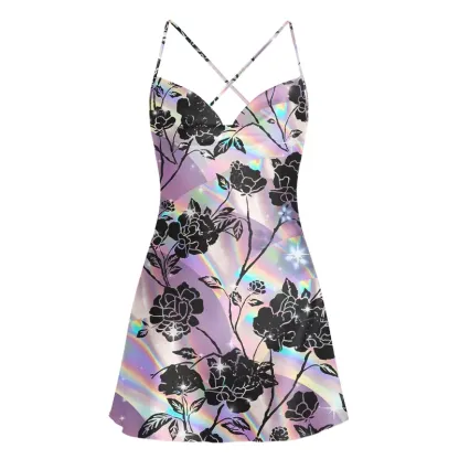 Soulisfree Holo Rose Cowl Neck Satin Mini Dress