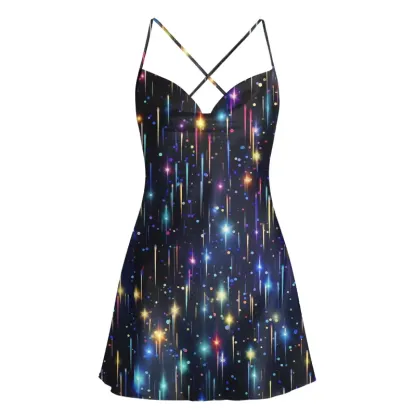 Soulisfree Neon Meteor Shower Galaxy Cowl Neck Satin Mini Dress