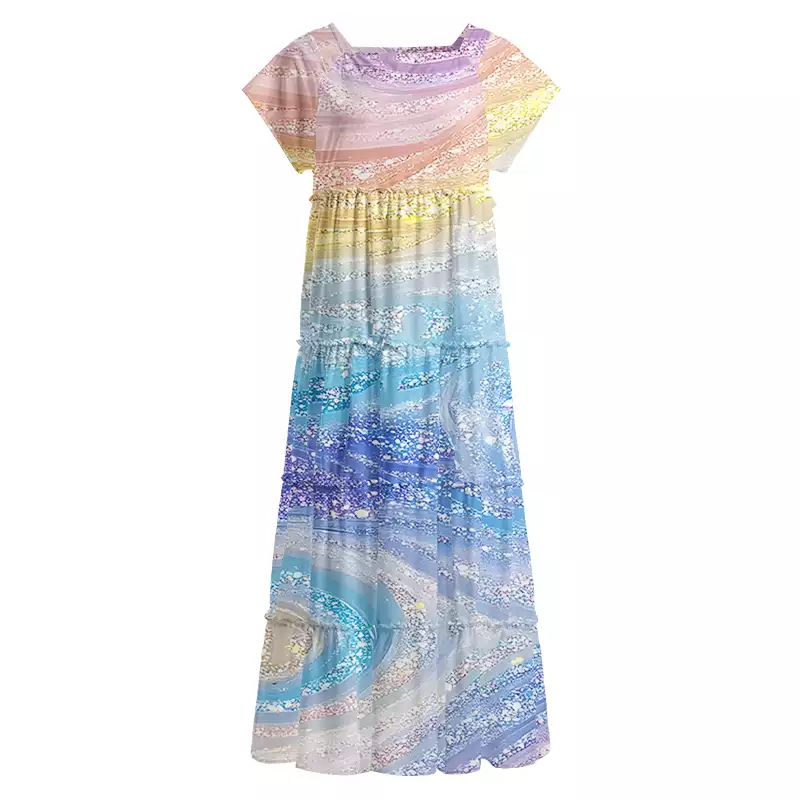 Soulisfree Glittery Rainbow Ombre Swirl Square Neck Maxi Dress