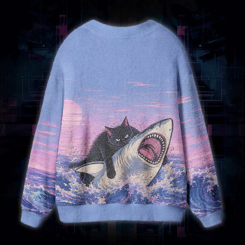 Soulisfree Fat Cat Vs Shark Fuzzy Cardigan Sweater 
