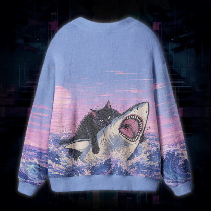 Soulisfree Fat Cat Vs Shark Fuzzy Cardigan Sweater 