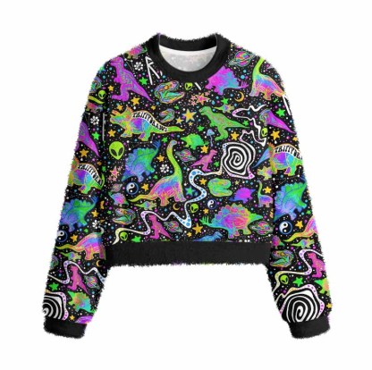 Soulisfree Cosmic Dino Trip Women's Fuzzy Crewneck Sweater