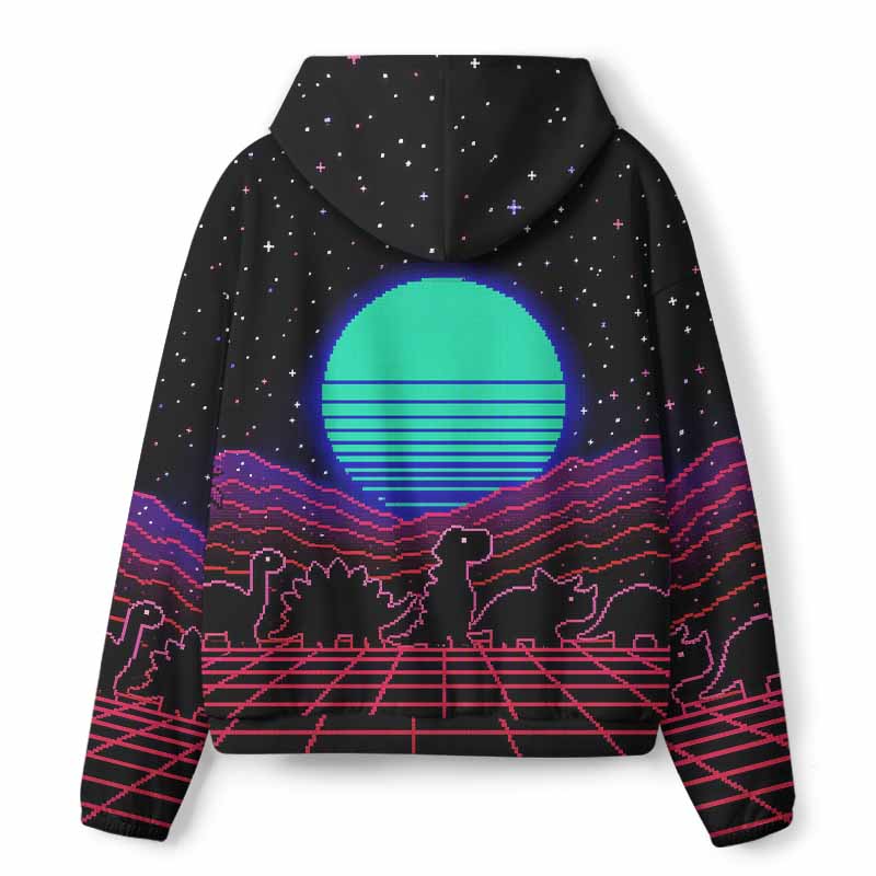 Soulisfree Retrowave Pixel Dinosaur Neon Sunset All-Over Print Hoodie