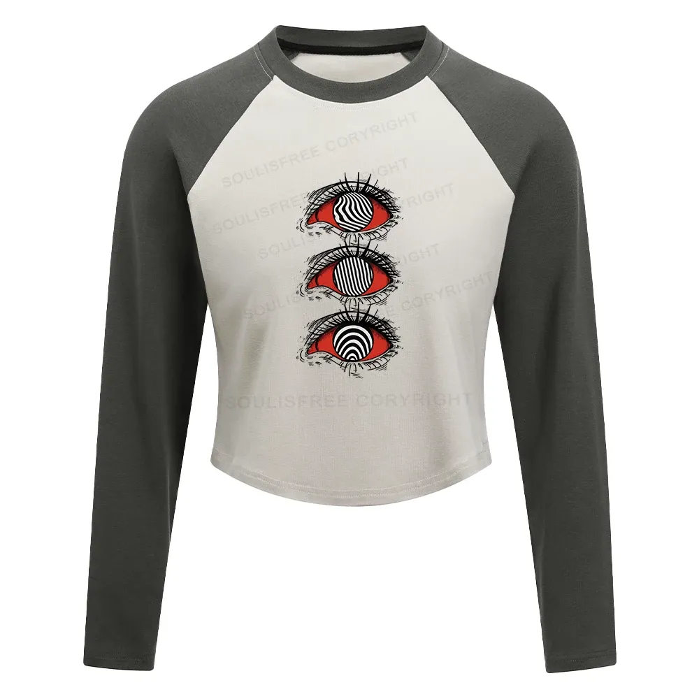 Designed Psychedelic Eye Color Block Raglan Long Sleeve Crop Top