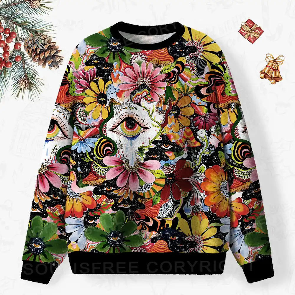 Whimsical Eyes: A Psychedelic Garden Adventure Ugly Christmas Knit Sweatshirt