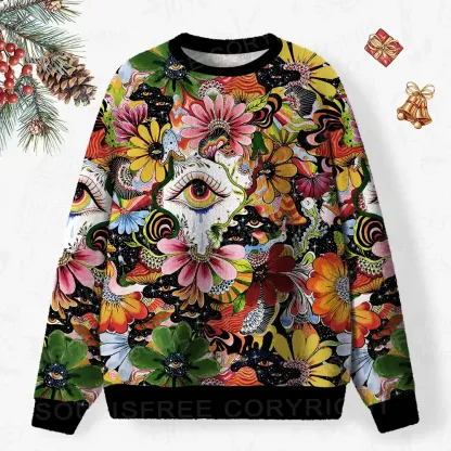 Whimsical Eyes: A Psychedelic Garden Adventure Ugly Christmas Knit Sweatshirt