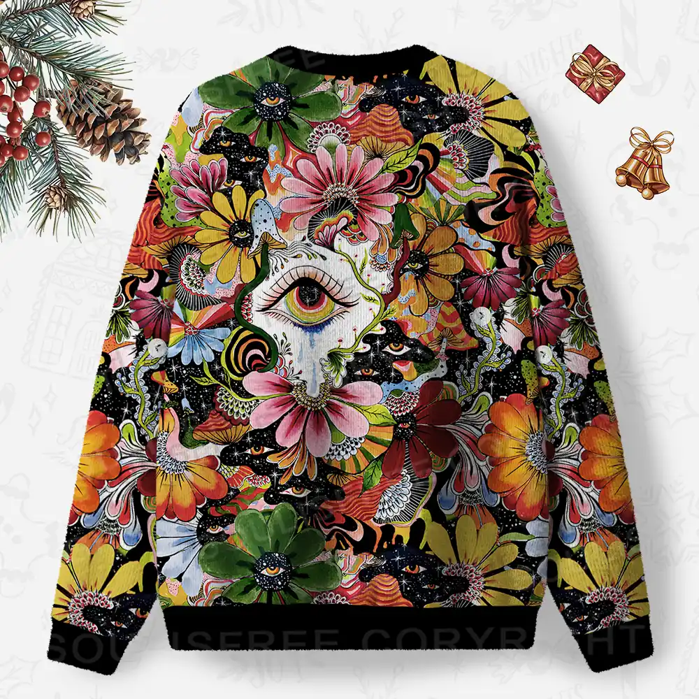 Whimsical Eyes: A Psychedelic Garden Adventure Ugly Christmas Knit Sweatshirt