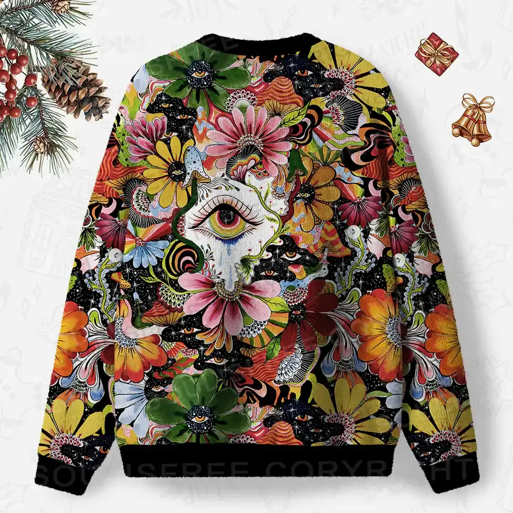 Whimsical Eyes: A Psychedelic Garden Adventure Ugly Christmas Knit Sweatshirt