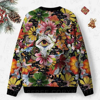 Whimsical Eyes: A Psychedelic Garden Adventure Ugly Christmas Knit Sweatshirt