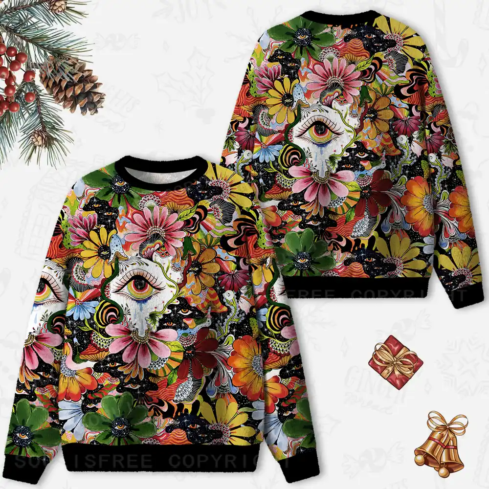 Whimsical Eyes: A Psychedelic Garden Adventure Ugly Christmas Knit Sweatshirt