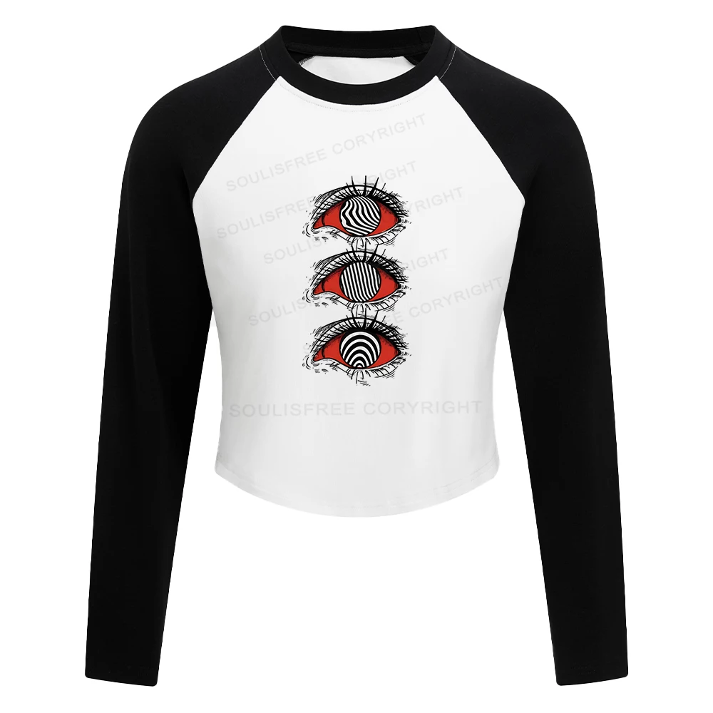 Psychedelic Eye Color Block Raglan Long Sleeve Crop Top