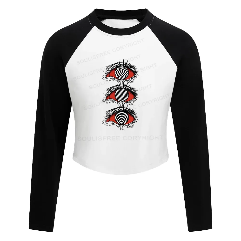 Psychedelic Eye Color Block Raglan Long Sleeve Crop Top