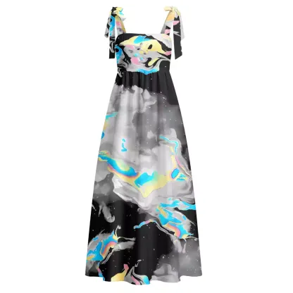 Soulisfree Cyber Iridescent Fluid Swirl Maxi Dress – Bow Strap