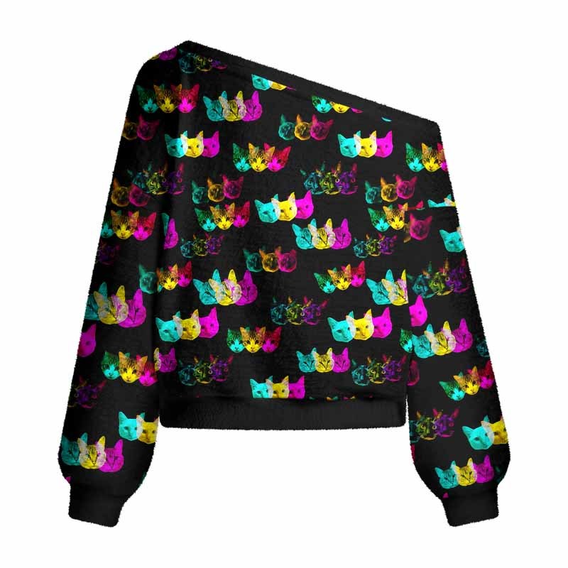 Soulisfree Glitch Art Neon Cat Women's Fuzzy Crewneck Sweater