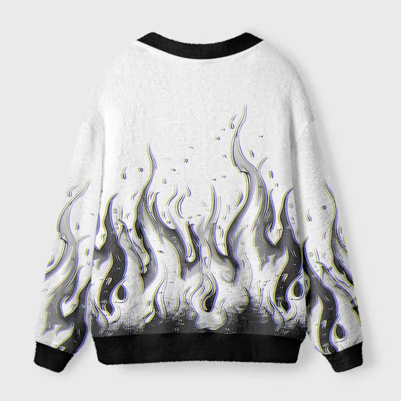 Soulisfree Glitch Flames Fuzzy Cardigan Sweater 