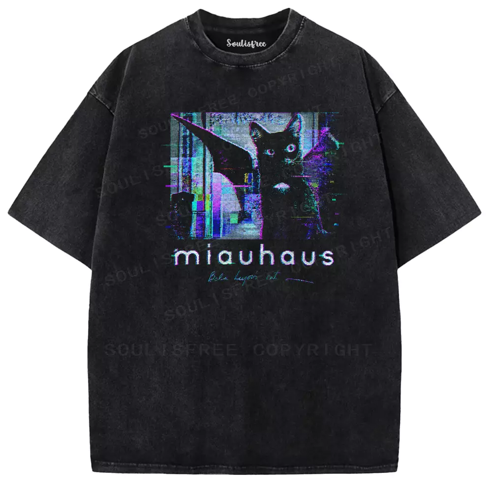 Soulisfree  Glitch Goth Winged Cat Washed Tee