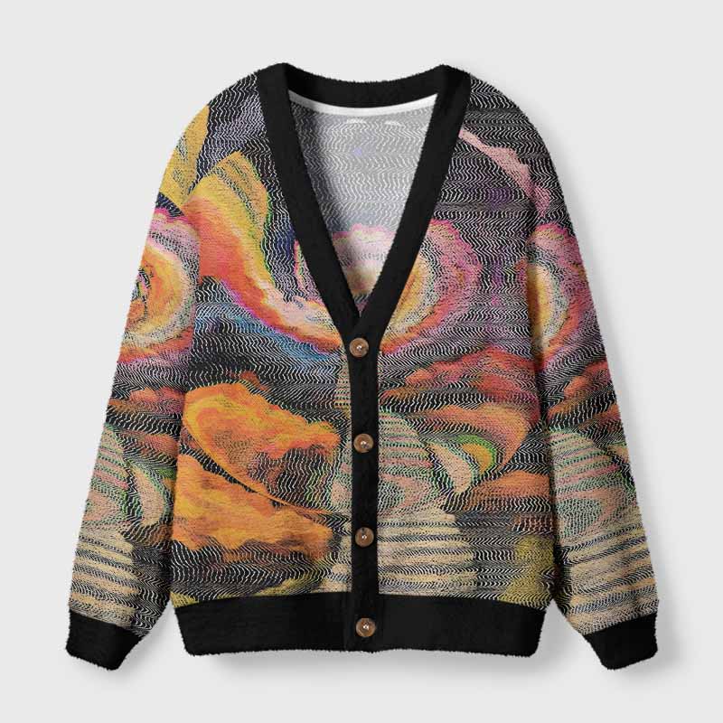 Soulisfree Chromatic Wave Abstraction Fuzzy Cardigan Sweater 