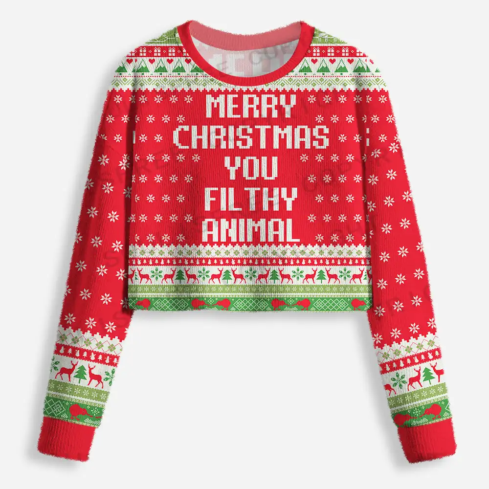 Merry Christmas You Filthy Animal Cropped Ugly Christmas Sweater