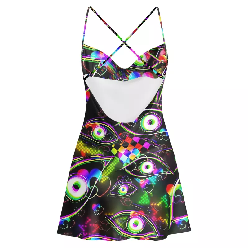 Soulisfree Cyberpunk Rainbow Eye Cowl Neck Satin Mini Dress