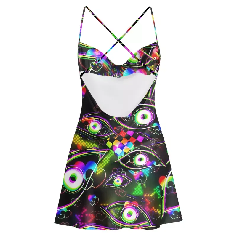 Soulisfree Cyberpunk Rainbow Eye Cowl Neck Satin Mini Dress