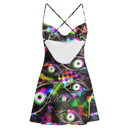 Soulisfree Cyberpunk Rainbow Eye Cowl Neck Satin Mini Dress