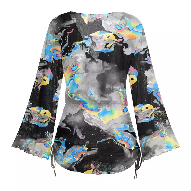 Soulisfree Cyber Iridescent Fluid Swirl Sheer Mesh Cover Up
