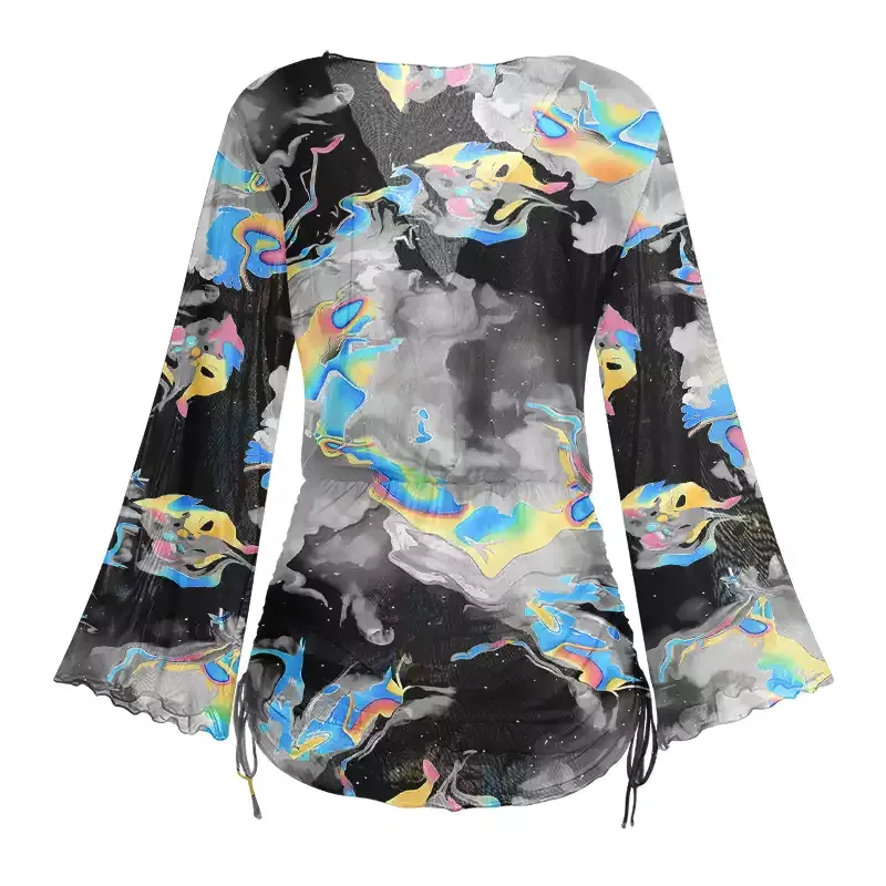 Soulisfree Cyber Iridescent Fluid Swirl Sheer Mesh Cover Up