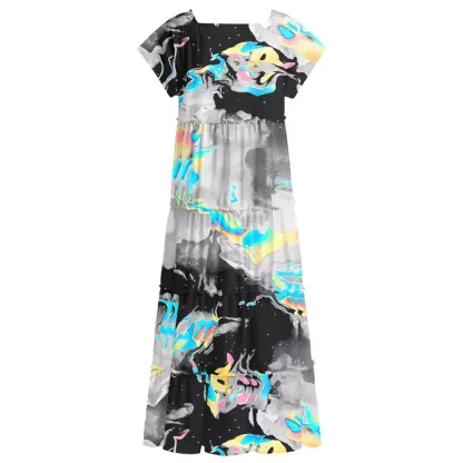 Soulisfree Cyber Iridescent Fluid Swirl Square Neck Maxi Dress