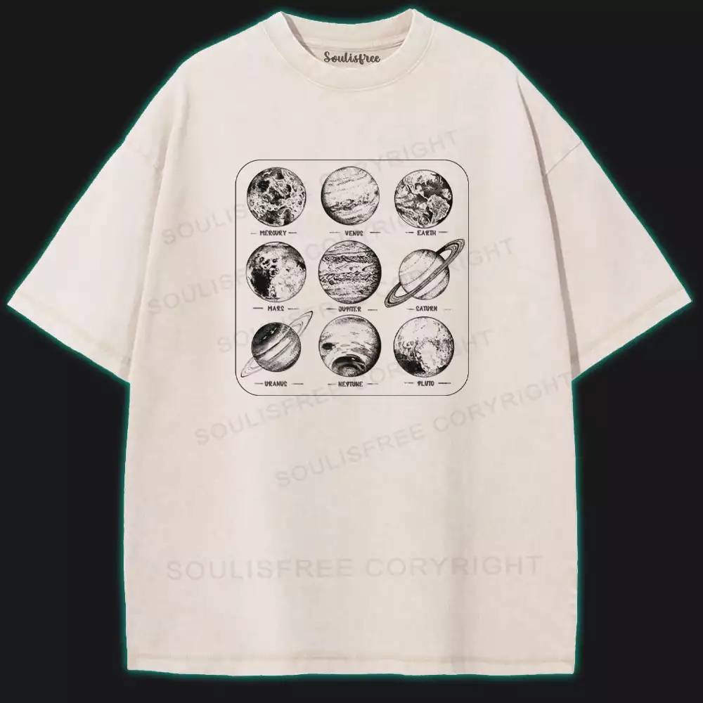9 Planets, 1 Solar Family Washed Space T-shirt