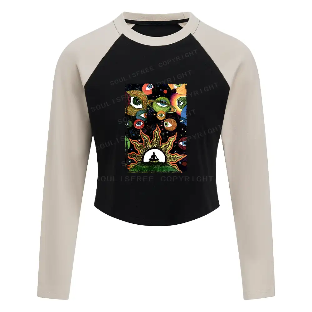 Meditation Of The Sun And Moon Block Raglan Long Sleeve Crop Top