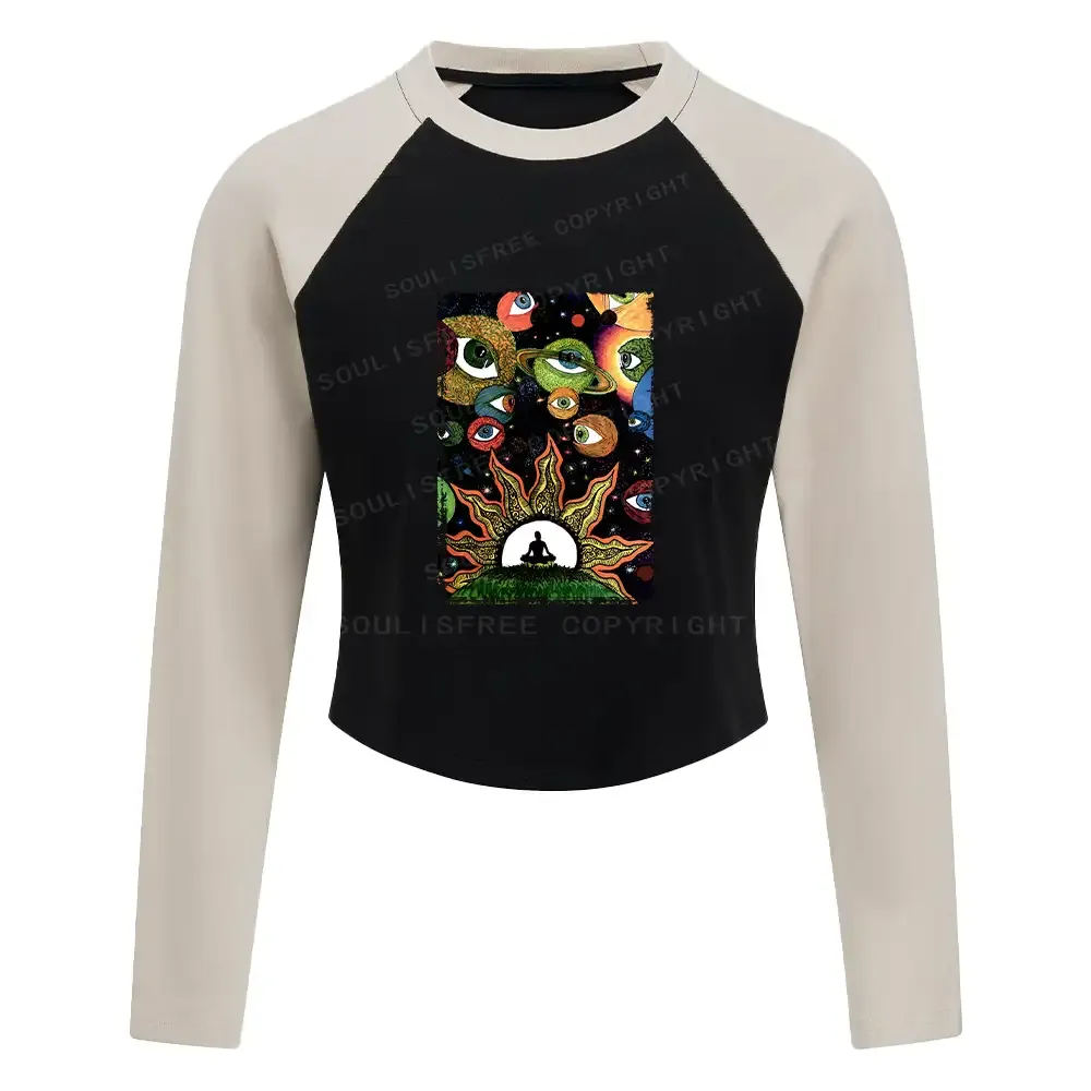 Designed Meditation Of The Sun And Moon Block Raglan Long Sleeve Crop Top