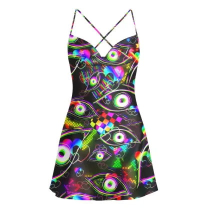 Soulisfree Cyberpunk Rainbow Eye Cowl Neck Satin Mini Dress