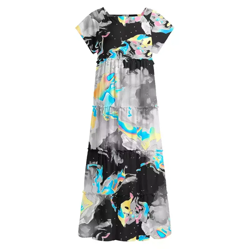 Soulisfree Cyber Iridescent Fluid Swirl Square Neck Maxi Dress
