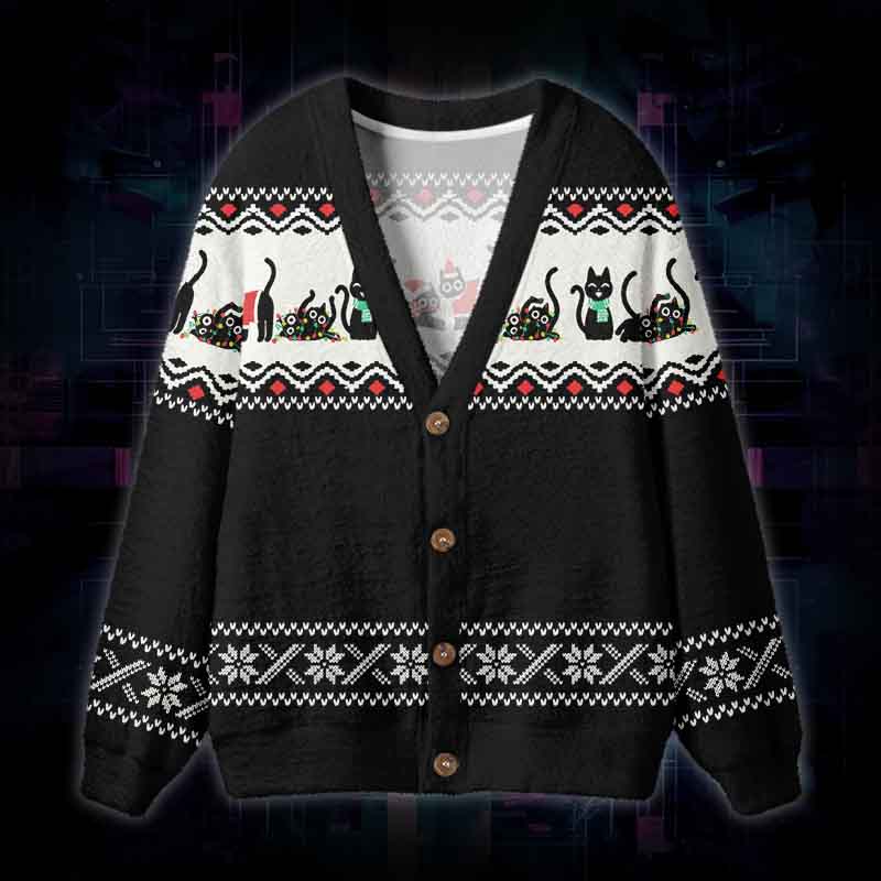 Soulisfree Christmas Black Cat Fuzzy Cardigan Sweater