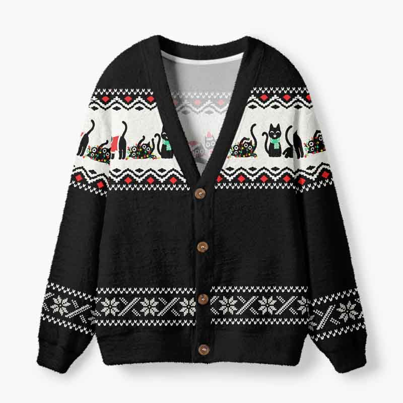 Soulisfree Christmas Black Cat Fuzzy Cardigan Sweater