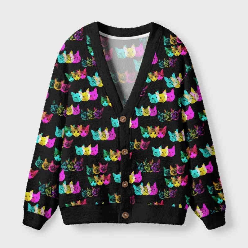 Soulisfree Glitch Art Neon Cat Fuzzy Cardigan Sweater