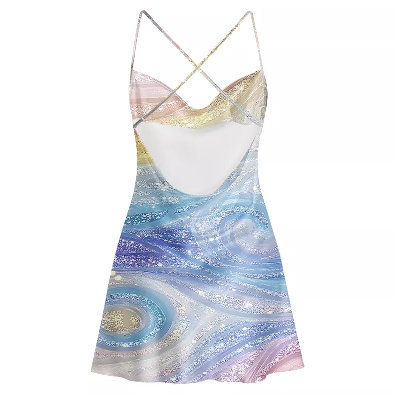 Soulisfree Glittery Rainbow Ombre Swirl Cowl Neck Satin Mini Dress