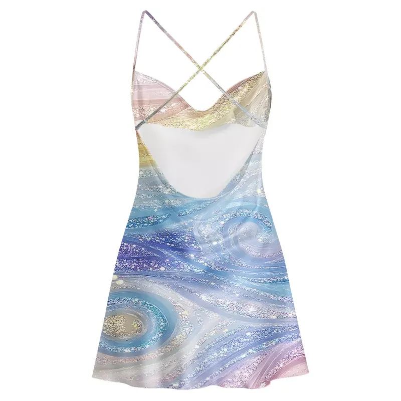 Soulisfree Glittery Rainbow Ombre Swirl Cowl Neck Satin Mini Dress